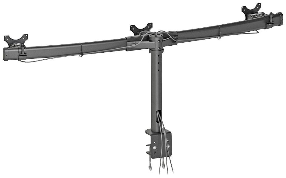 Black monitor stand with three arms for mounting on a desk. Integrated cable management system.