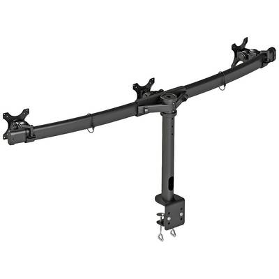 Multi-monitor swing arm mount in black metal, with adjustable arms and clamps for attaching to a desk or table.