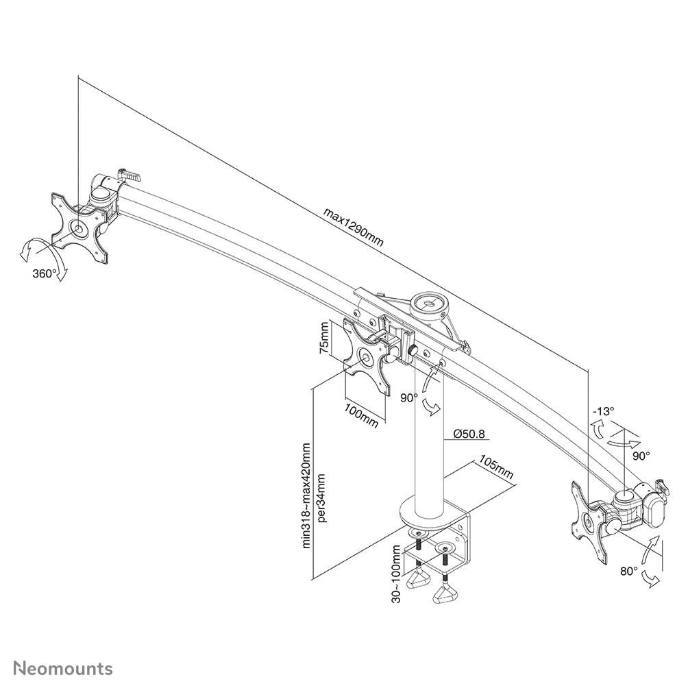 Drawing of an adjustable monitor arm with dimensions. Shows maximum reach of 1290 mm, tiltable up to 90 degrees and rotatable up to 360 degrees.