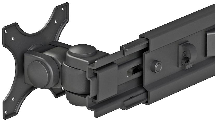 Close-up of a black monitor mount with an adjustable swivel arm for wall attachment, showing joints and mounting plate.