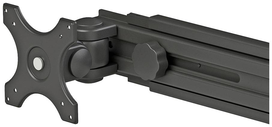 Metal monitor mount, side-mountable with adjustable arm and swivel joint. Suitable for flexible screen positioning.