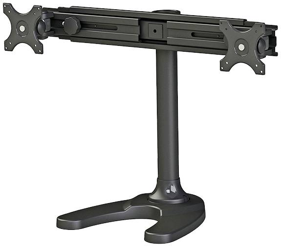 A metal dual monitor stand with two adjustable mounting brackets. Ideal for workspaces that require multiple screens.