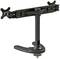 Black, adjustable monitor mount with two brackets for multiple screens, secured to a robust stand base.