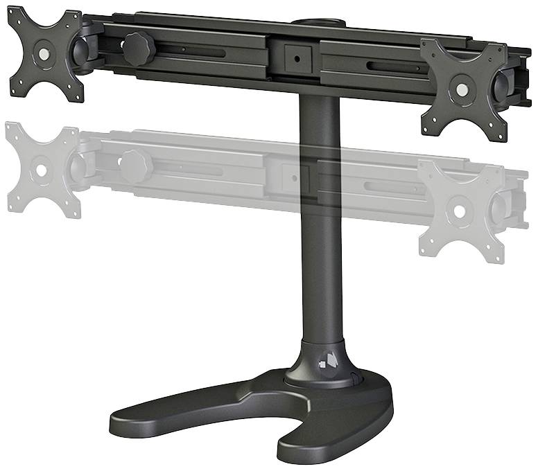 'Dual Monitor Stand, black, height-adjustable with rotatable arms, suitable for two monitors side by side.'