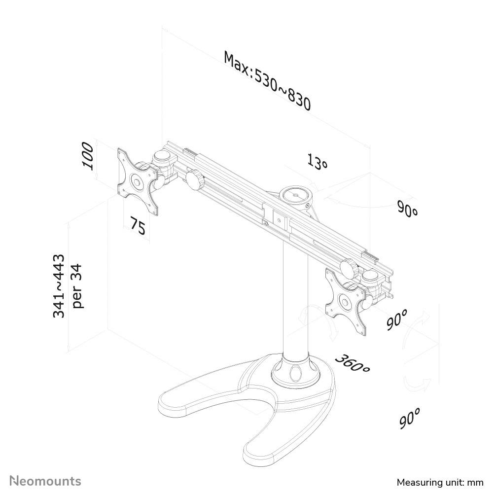 'Dual Monitor Mount' shows dimensions ranging from 341 to 443 mm in height and 530 to 830 mm in width. Tilt angle up to 13 degrees.