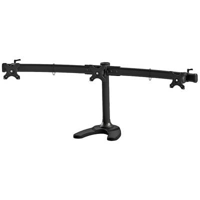 A black monitor arm with three mounting points, suitable for attaching three screens, mounted on a sturdy base stand.