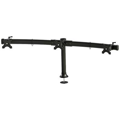 A black monitor mount with three arms for securing screens on a desk.