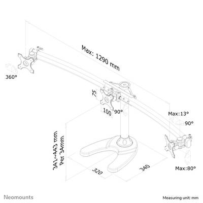 Monitor mount with adjustable arm, maximum length 1290 mm. Rotatable up to 360°, tilt up to 80°. Base 320 x 340 mm.