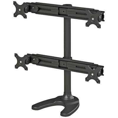 'Black dual monitor stand with vertical mounting, sturdy base and adjustable arms for flexible screen setup.'