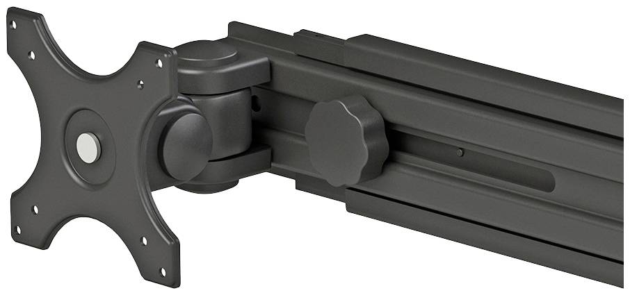 A black, adjustable monitor arm with mounting plate, suitable for wall-mounting displays.