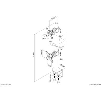 Monitor mount with two brackets, height-adjustable up to 700 mm. Each bracket tiltable by 90°, rotatable by 360°. Dimensions and angles marked.