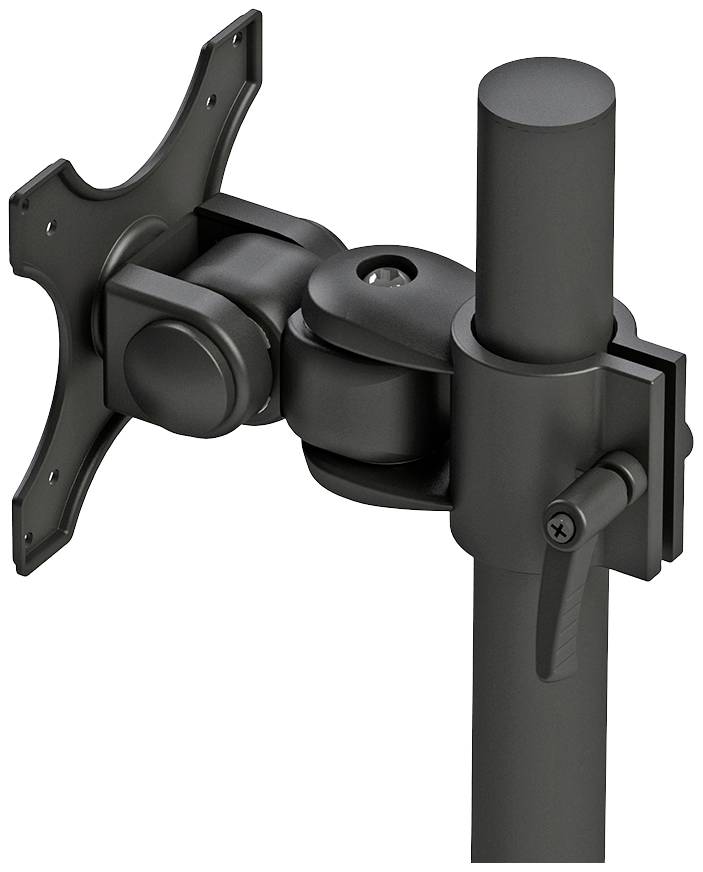 Black metal monitor arm, rotatable and height-adjustable, suitable for mounting on a table or desk for flexible screen positioning.