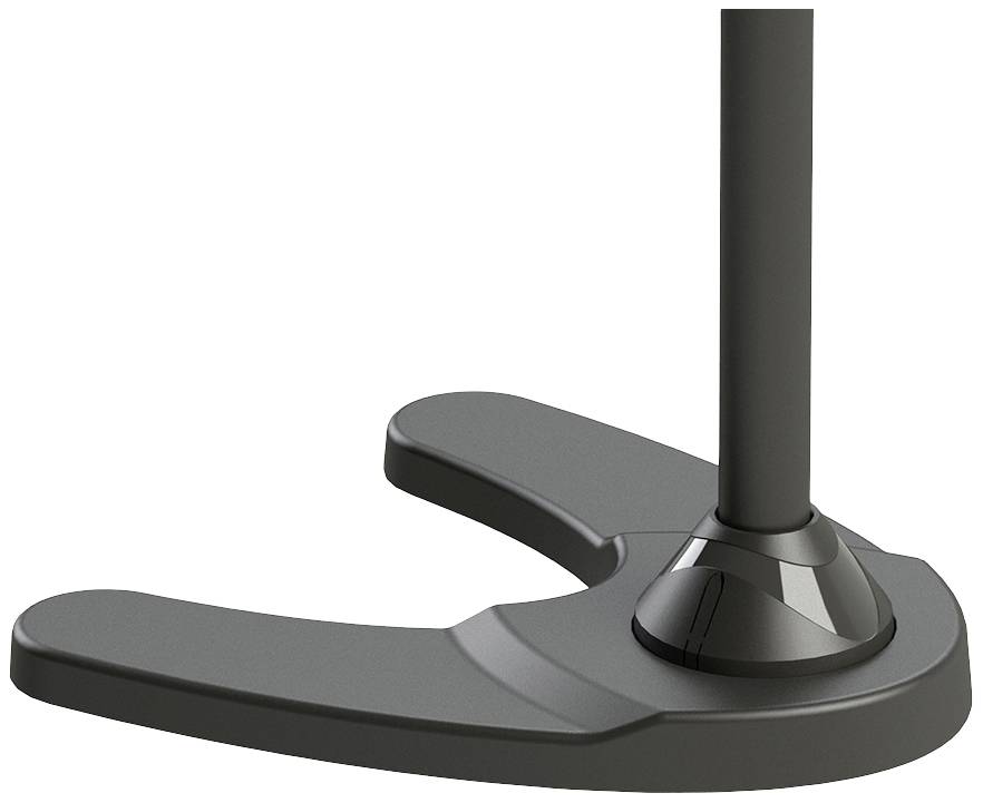Base of a microphone stand with two curved feet, providing stability.