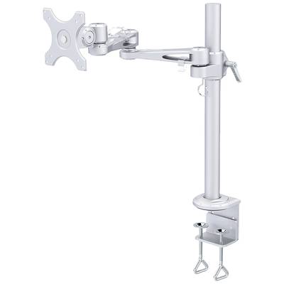 A silver monitor arm with adjustable joint and clamp for desk mounting. Suitable for flexible screen positioning.