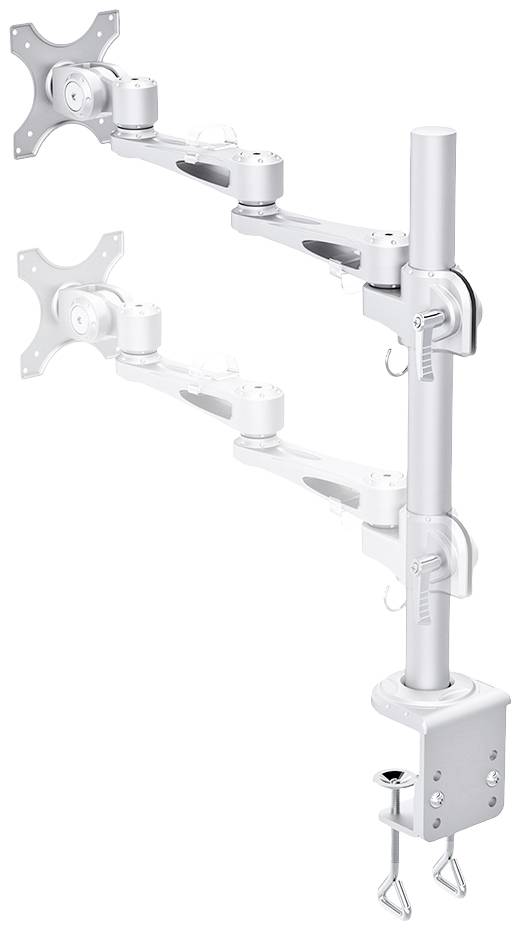 Double-monitor mounting bracket with two adjustable arms, mounted on a vertical pole, featuring a clamp system for attaching to a desk.
