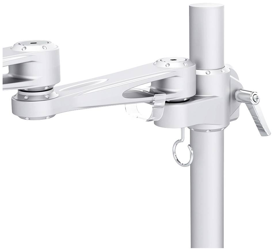 A ergonomic monitor arm in silver, mounted on a vertical pole, enables flexible screen positioning.
