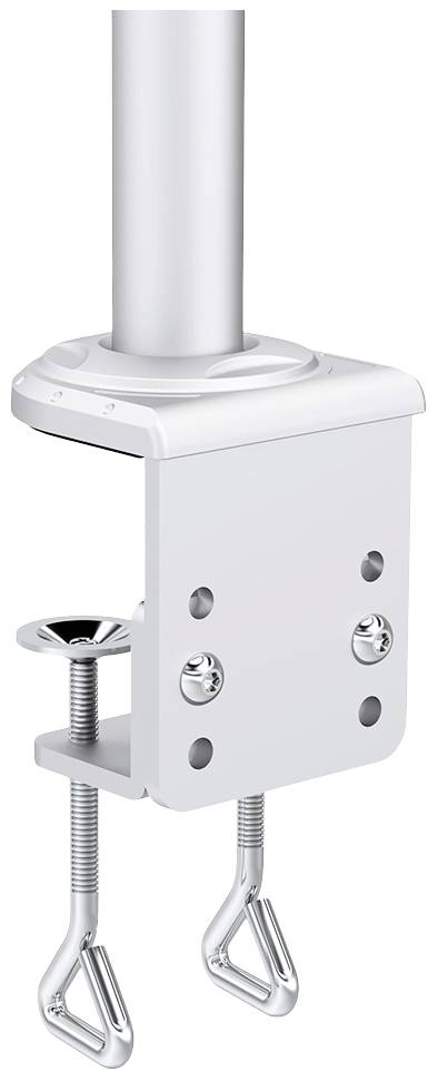 White metal clamp for attaching to a table; a rod is fixed to the clamp.