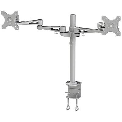 Double metal monitor mount in silver, with adjustable arms and a clamp fixing for desk mounting.