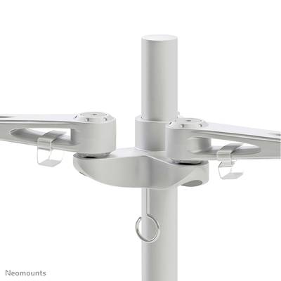Two white screen mounts attached to a vertical pole, enabling flexible positioning of monitors.