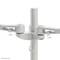 Two white screen mounts attached to a vertical pole, enabling flexible positioning of monitors.