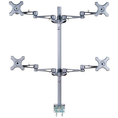 Four-monitor bracket with adjustable arms for mounting four screens, offering flexible positioning and space-saving design.