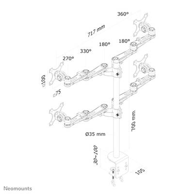 'Assembly Instructions for a Monitor Arm with Triple Joint Mounting. Dimensions and rotation angles of the arms and mount are specified.'