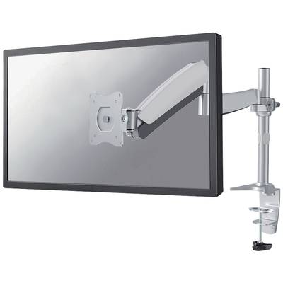 An adjustable monitor arm with a mount fixed to a desk. The arm supports a screenless monitor.