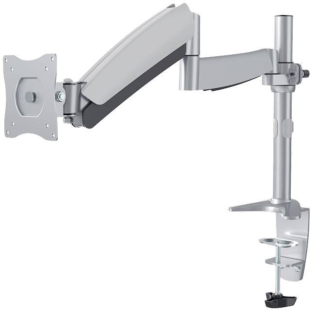 An adjustable monitor arm for mounting on a desk. It offers swivel, tilt, and rotation capabilities.
