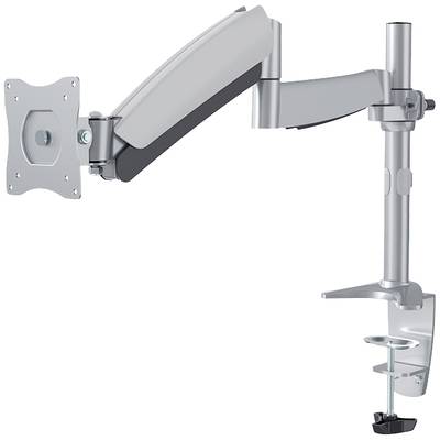 An adjustable monitor arm for mounting on a desk. It offers swivel, tilt, and rotation capabilities.