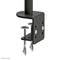 Black desk clamp for mounting monitor arms, with two silver screws for height adjustment on desk surfaces.