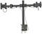 Free-standing metal dual monitor mount with two arms and clamp attachment, suitable for desks. Cables neatly routed.