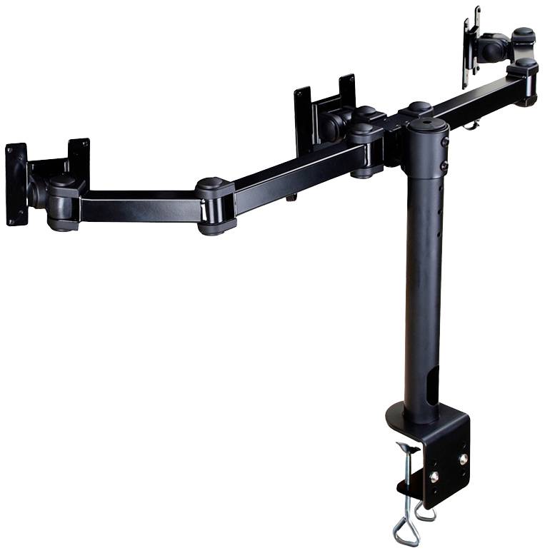Black monitor arm with three adjustable mounts, attached to a central pole, suitable for desk mounting.