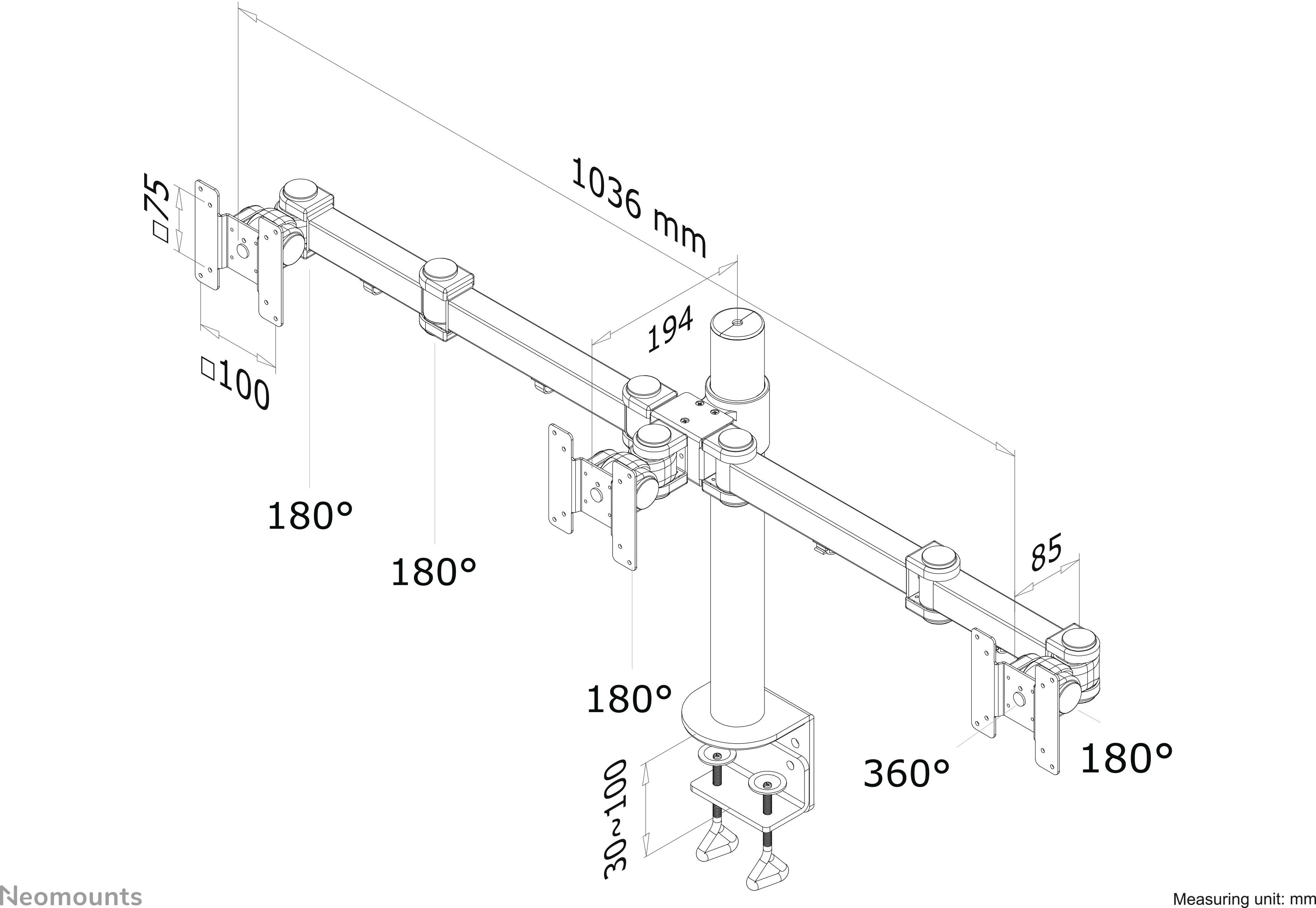 Technical drawing of a monitor arm with dimensions, joint angle of 180 degrees, total length 1036 mm, tube rotatable 360 degrees.