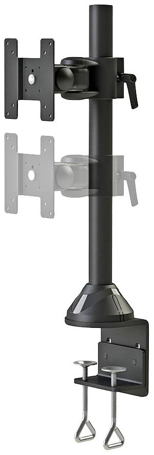 Double monitor mount for table attachment; enables vertical arrangement of monitors, with clamps for desk mounting.
