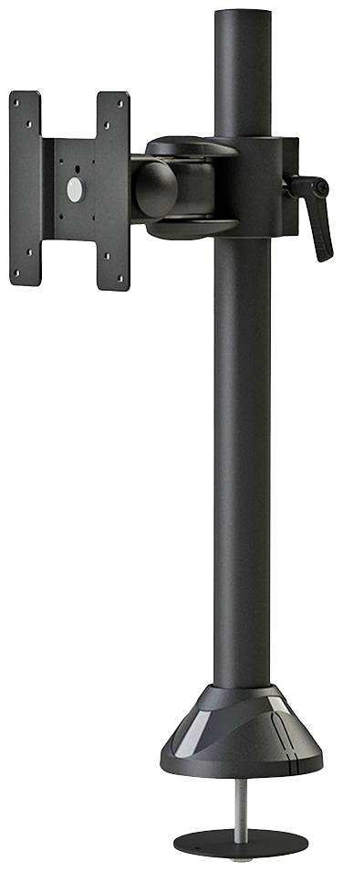 A black monitor arm with height-adjustable stand and clamp for attaching to a desk, suitable for office applications.