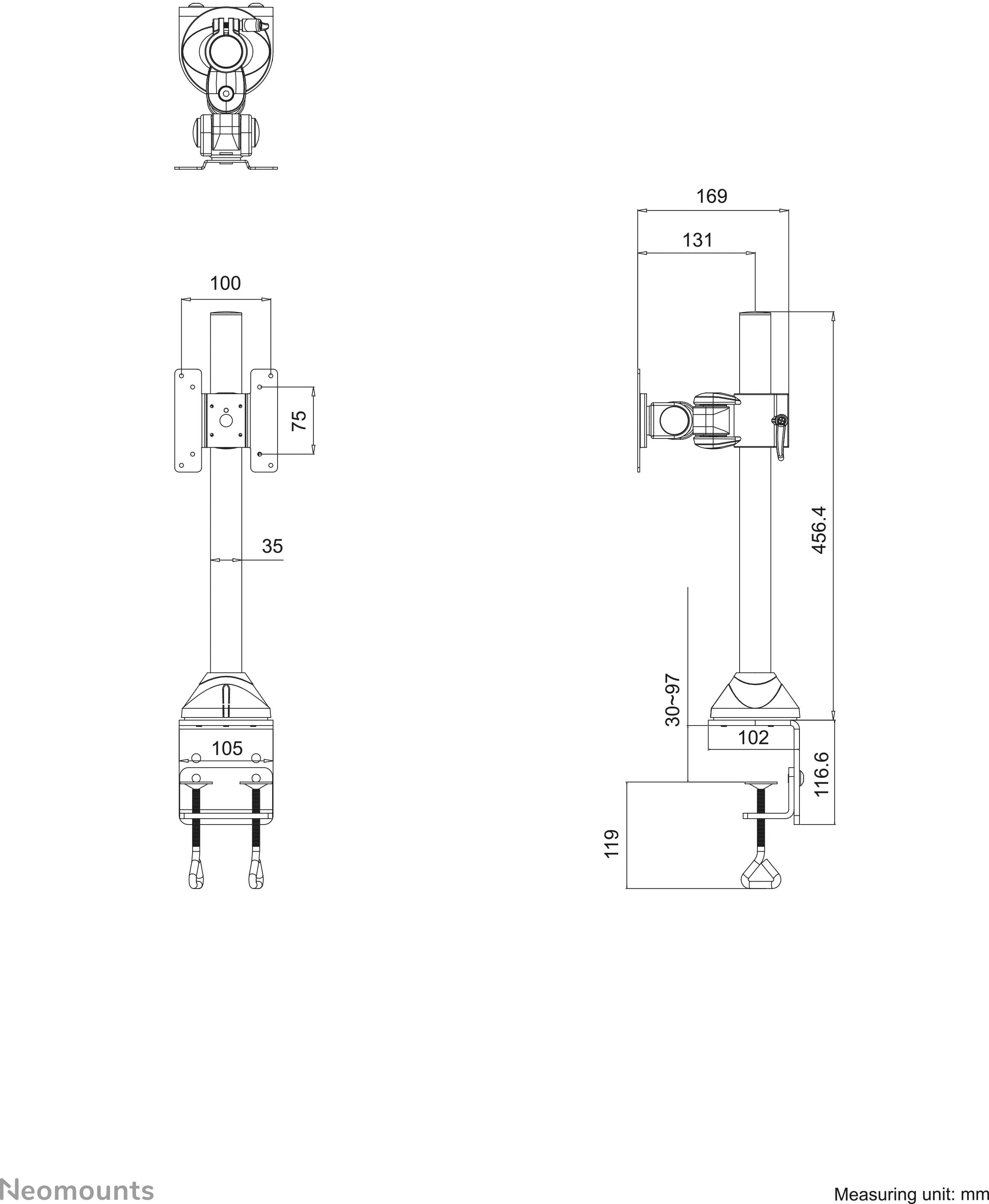 Technical Drawing of a Monitor Arm with Dimensions in Millimetres: Height 466.4, Width 169, Depth 131. Details for Mounting and Adjustment.