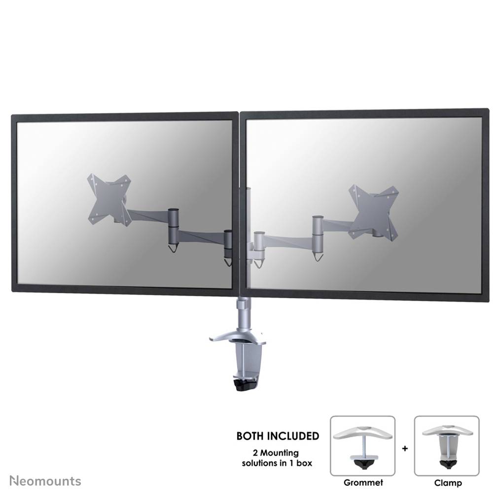 Two screens mounted side by side on an adjustable arm. Image below showing clamp and through-desk mounting options.