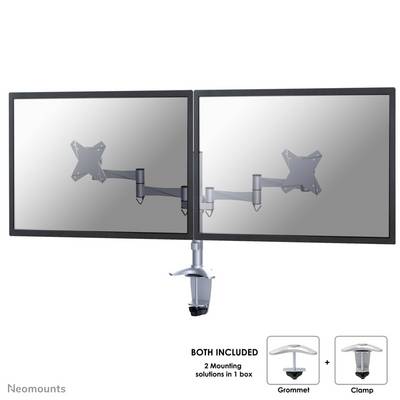 Two screens mounted side by side on an adjustable arm. Image below showing clamp and through-desk mounting options.
