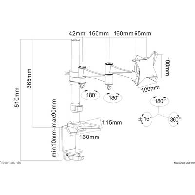 'Technical drawing of an adjustable monitor arm. Dimensions and movement angles are specified: height, depth, rotation and tilt angles.'