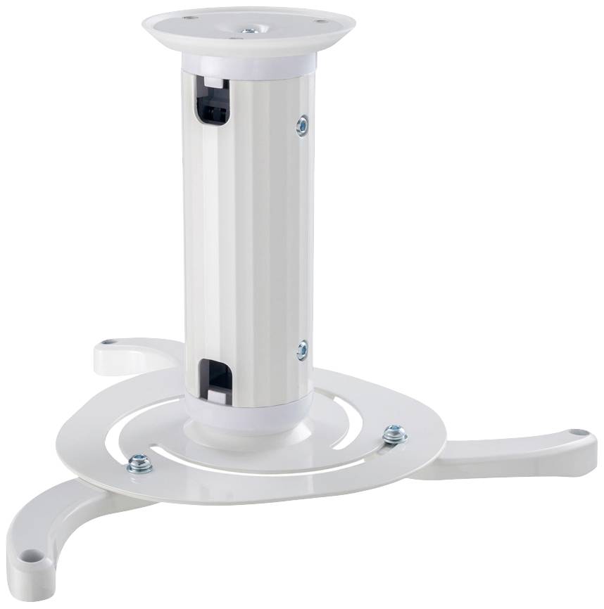 White universal ceiling mount for projectors, adjustable with three arms and a central tube for cable management.