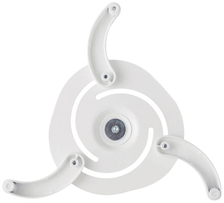 A white plastic wheel with three curved vanes, central circular connection, and screws, for mechanical or decorative purposes.