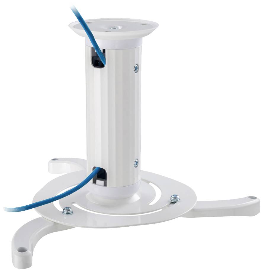 White metal projector mount with a round base and blue cable connection. Suitable for ceiling mounting.