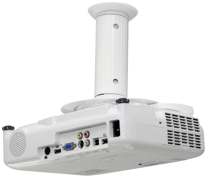 A white ceiling-mounted projector with various connection options such as HDMI, VGA and USB is secured to a mounting bracket.
