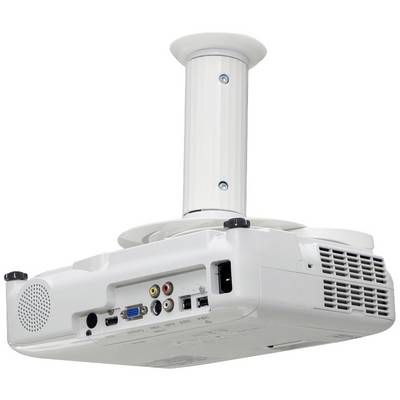 A white ceiling-mounted projector with various connection options such as HDMI, VGA and USB is secured to a mounting bracket.