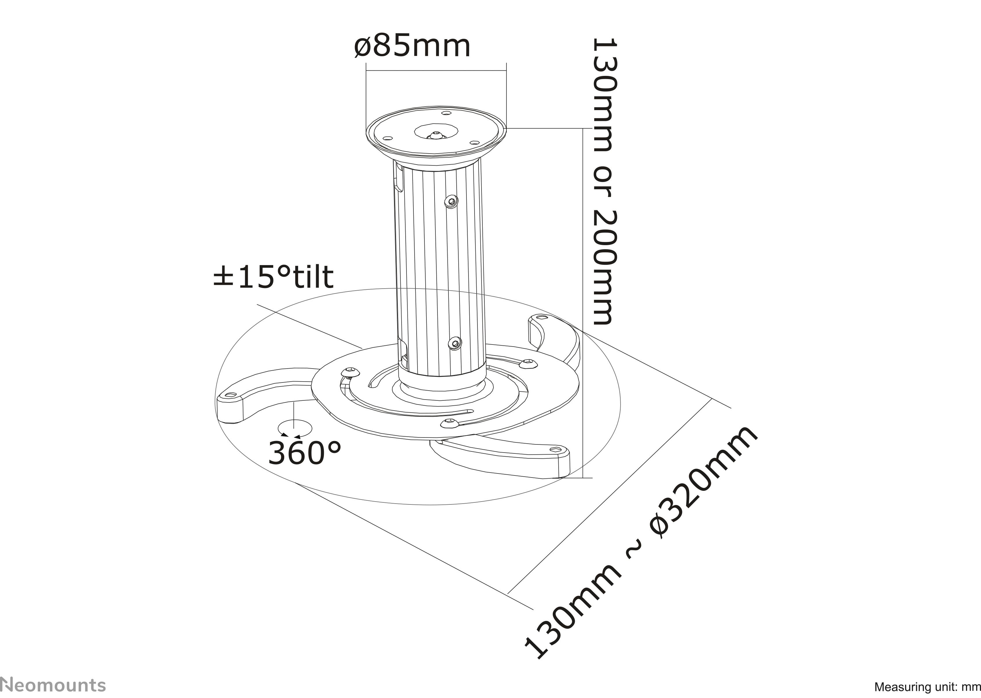 'Ceiling mount for projectors, tilt ±15°, rotation 360°, pipe diameter 85mm, total height 130mm or 200mm, reach 130-320mm.'