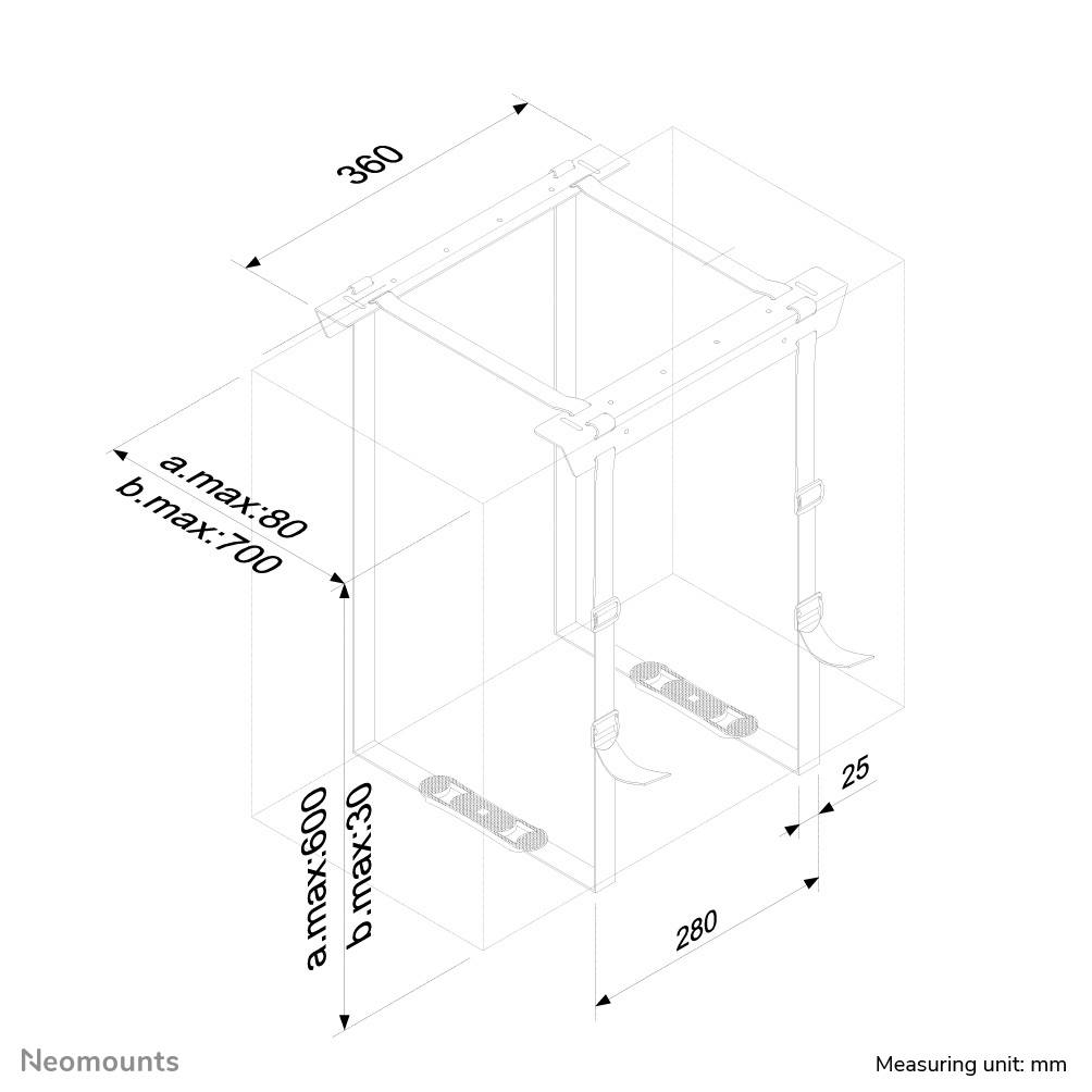 Technical drawing of a ceiling mount with dimensions in millimetres: width 360, depth 280, maximally height-adjustable between 30-800 mm.