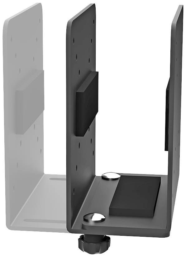 Black metal shoe clip consisting of two rectangular plates with a rotary knob at the bottom.