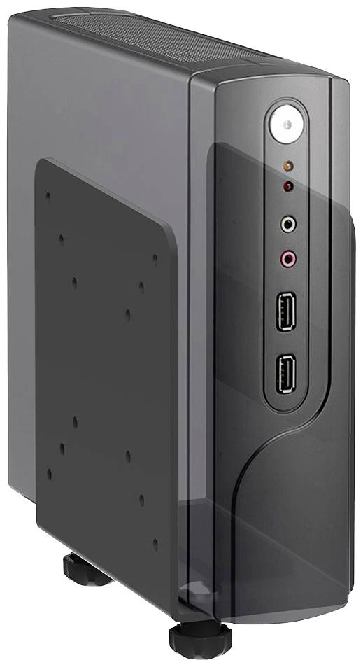 Black computer case in vertical format with two USB ports, audio ports, and power button on the front.