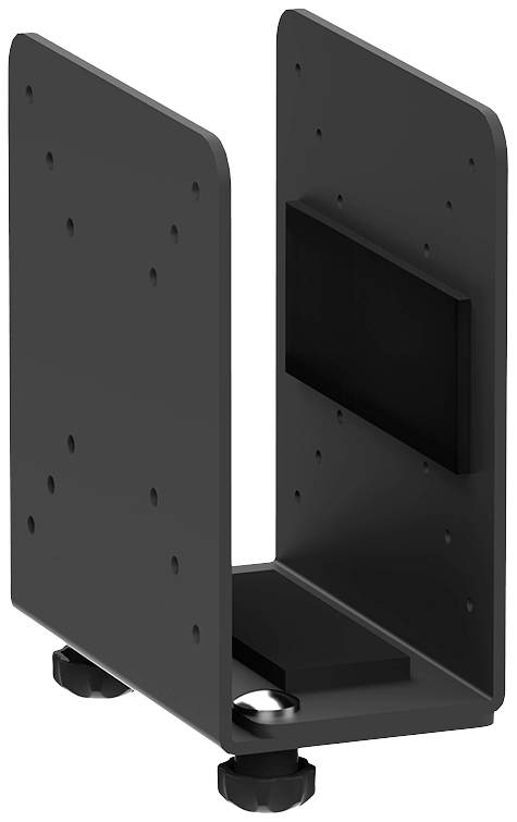 A black mounting bracket with two vertical plates, connected by a base. Two rotary knobs are attached at the bottom.