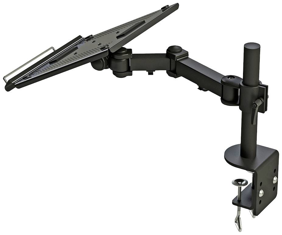 A black, adjustable laptop stand for the desk, with a clamp for securing to the table edge.